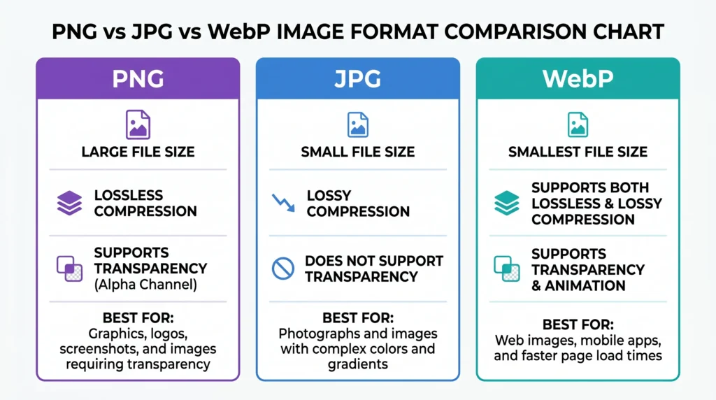 PNG vs JPG vs WebP image format comparison chart
