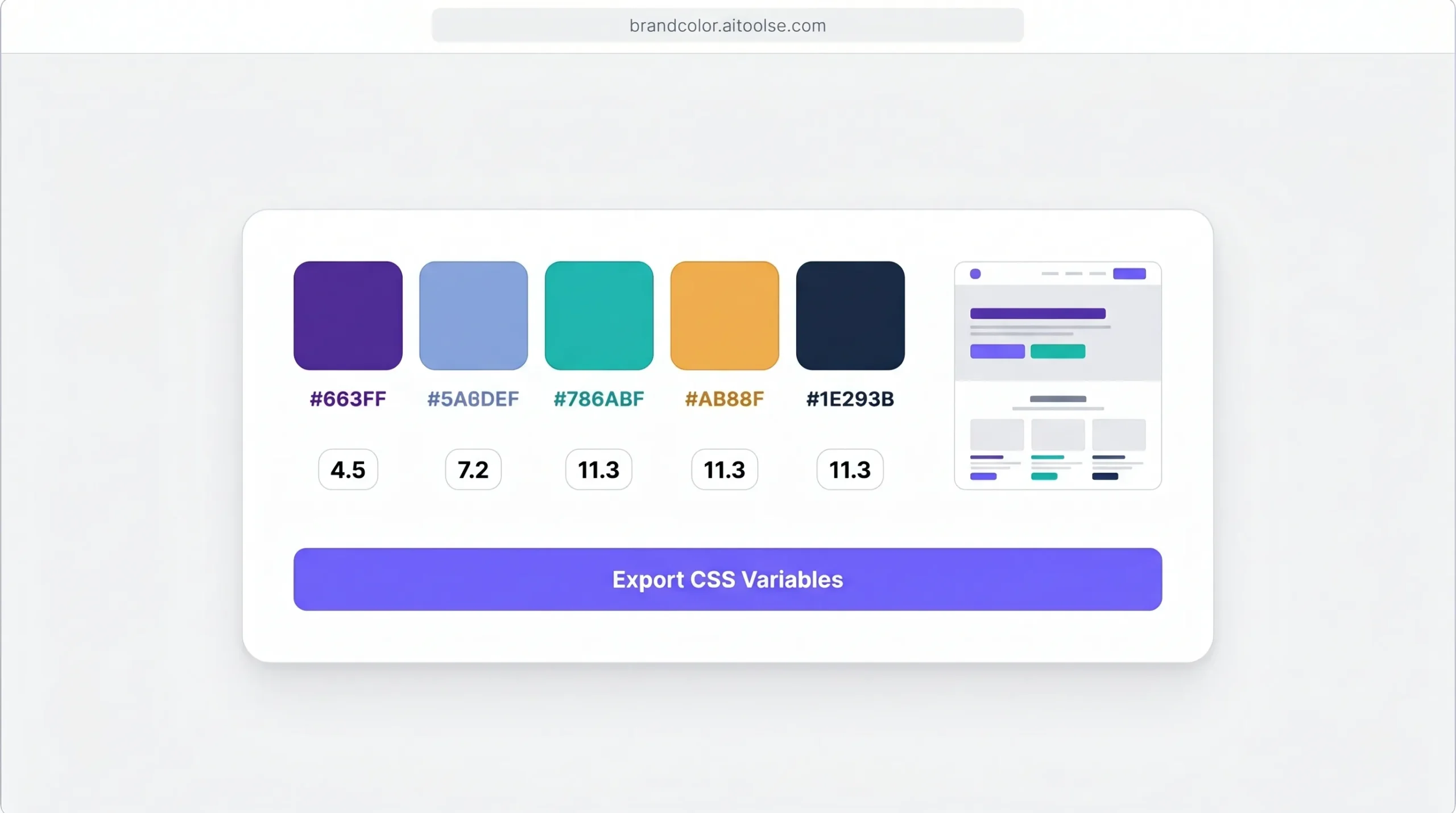 BrandHue AI color palette generator interface showing palette with contrast scores and CSS export