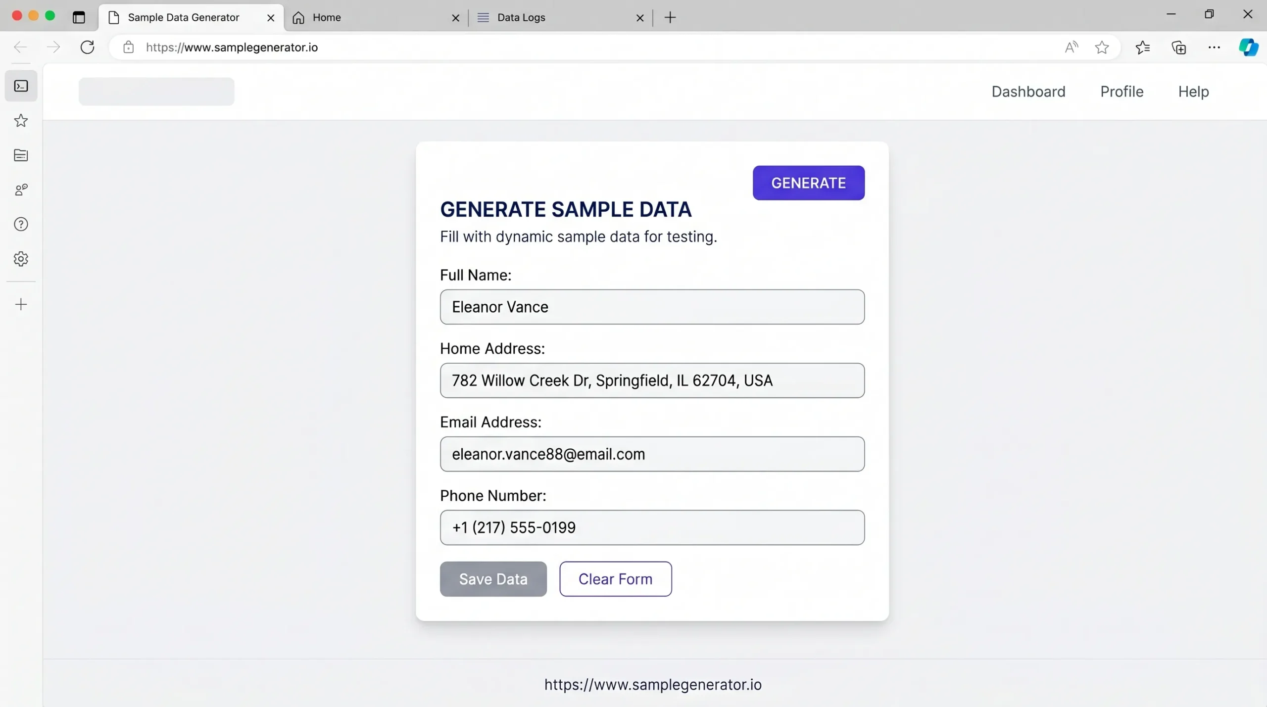 IdentityGen tool interface showing generated sample profile with name address and contact details