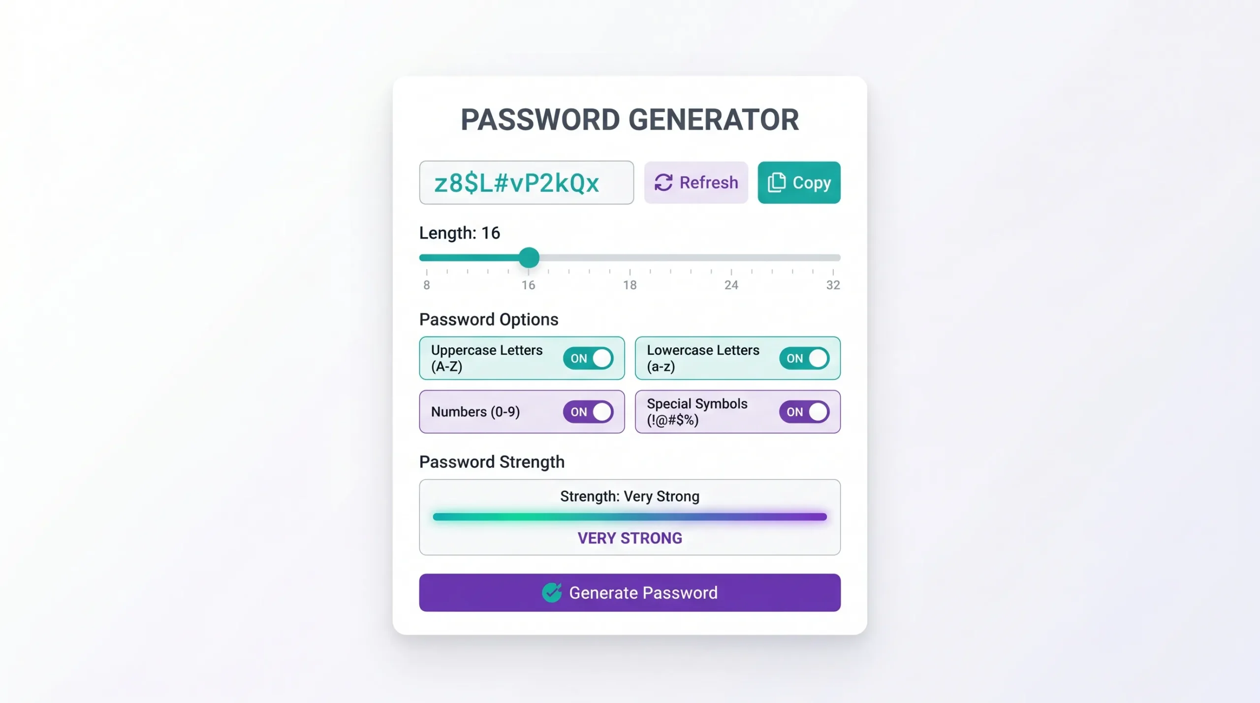 Password generator tool interface showing strength meter length and character options