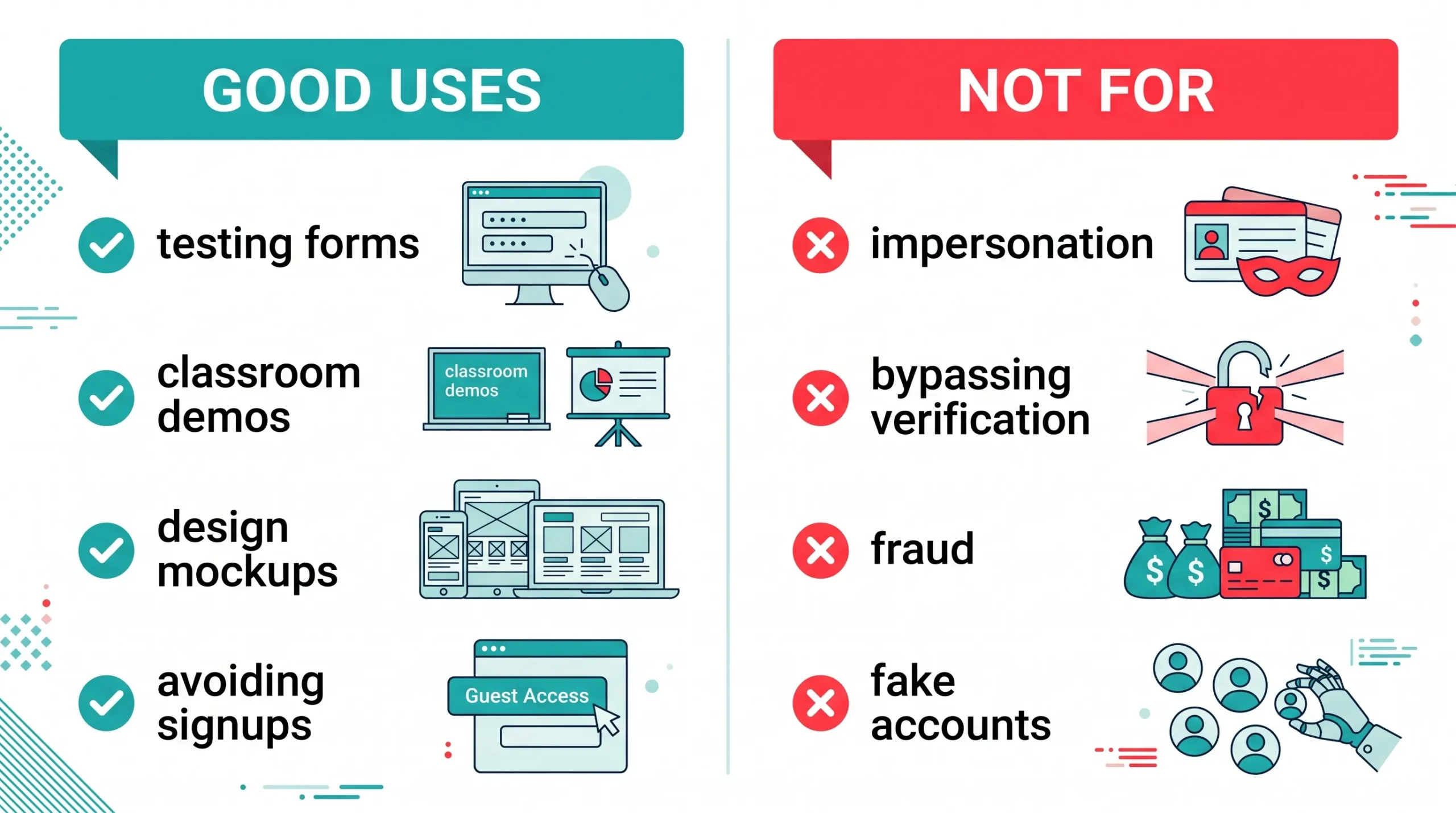 When to use a fake identity generator — testing demos privacy versus real personal information